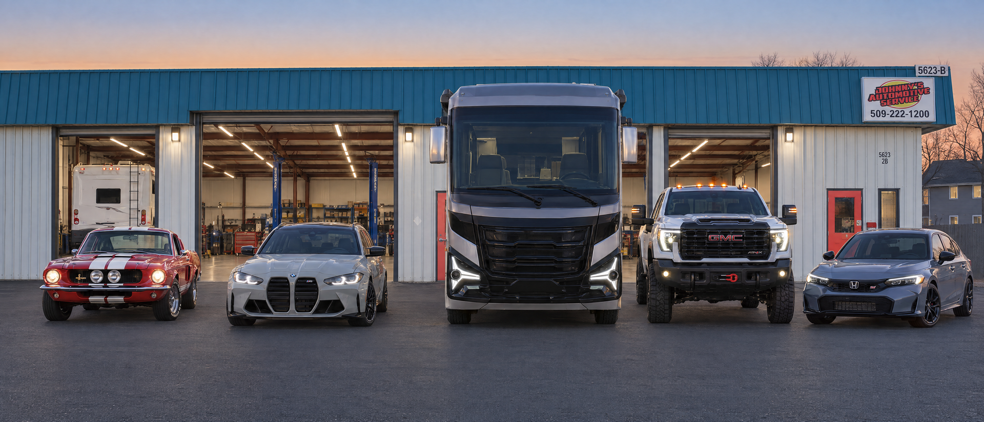 A classic red Mustang, a silver BMW sedan, a Class A motorhome, a lifted white GMC pickup and a Honda Civic sedan parked at dusk in front of Johnny's Auto Diesel RV Repairs & Maintenance in Kennewick, with the shop's bays open and lit